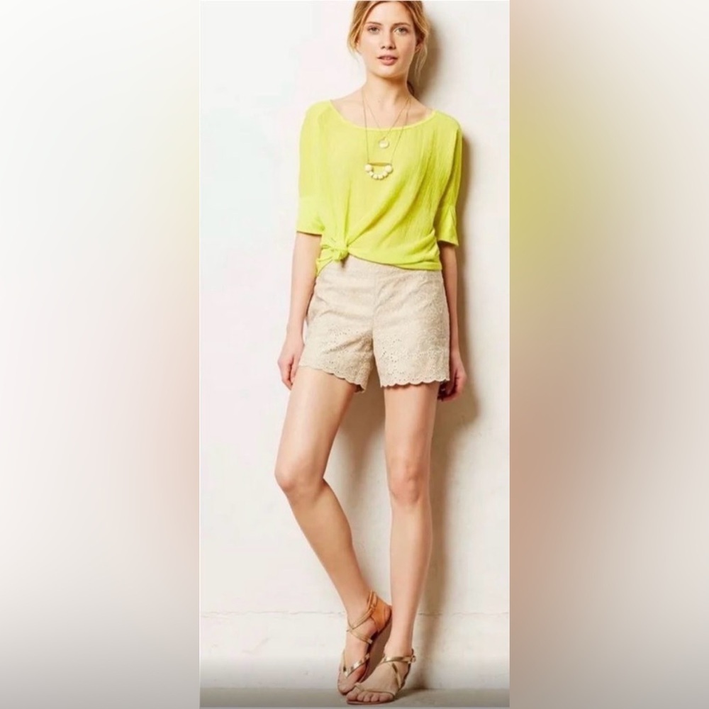 Elevenses Anthropologie cotton linen lined embroidered shorts beige 8 M
